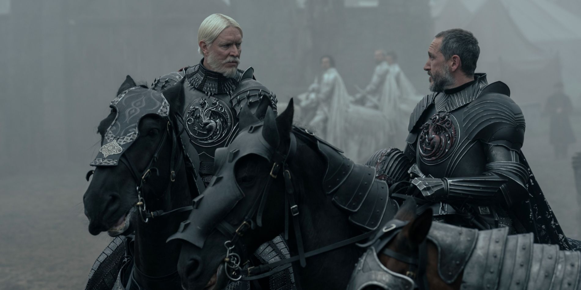 Maekar Targaryen (Sam Spruell) and Baelor (Bertie Carvel) talking to one another in A Knight of the Seven Kingdoms.