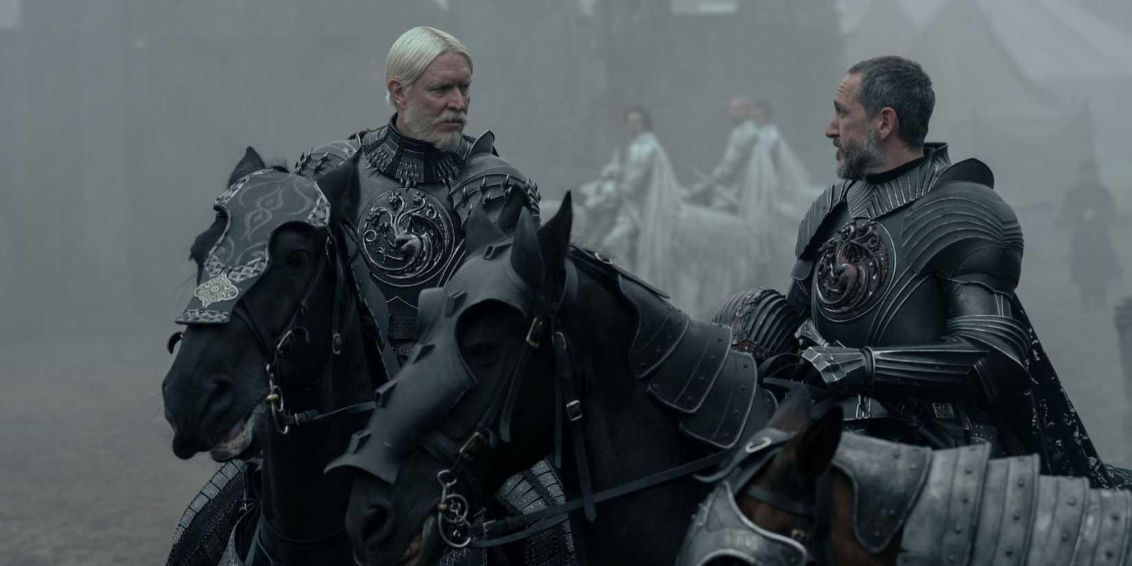 Maekar Targaryen (Sam Spruell) e Baelor (Bertie Carvel) conversando em A Knight of the Seven Kingdoms.
