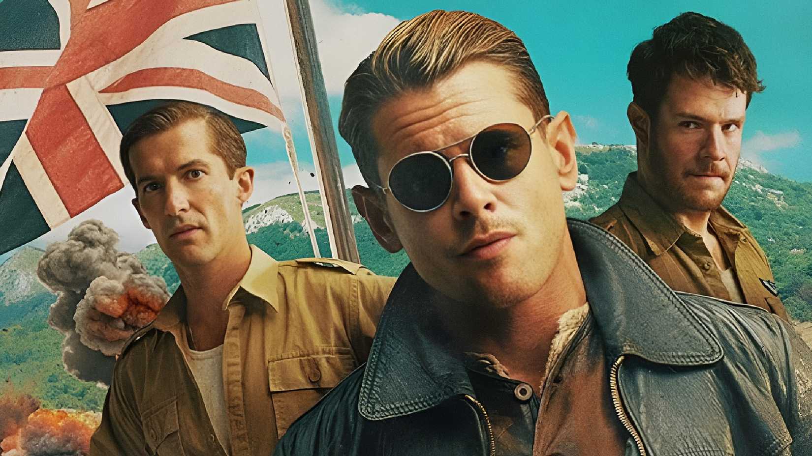 Die Hauptdarsteller von SAS Rogue Heroes posieren vor einer britischen Flagge