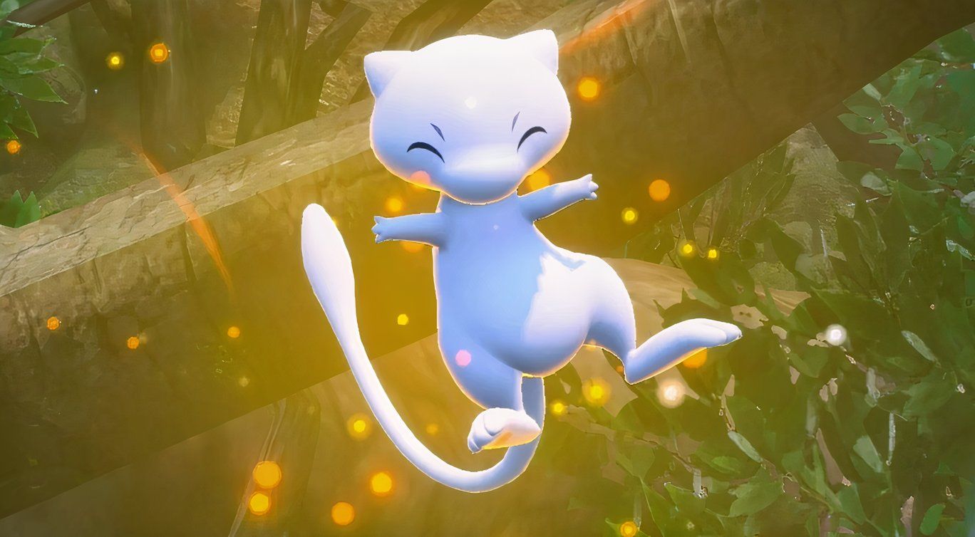 Mew floating happily in a jungle 