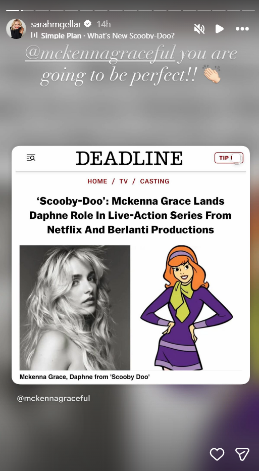 Sarah Michelle Gellar em sua história do Instagram sobre a escalação de Mckenna Grace na série live-action do Scooby-Doo da Netflix