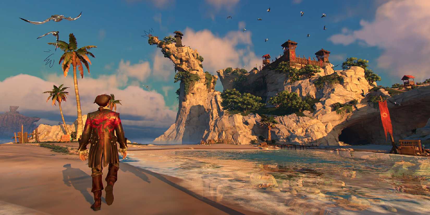 A pirate strolling down a beach in Sea of Remnants with a fort visible on the horizon
