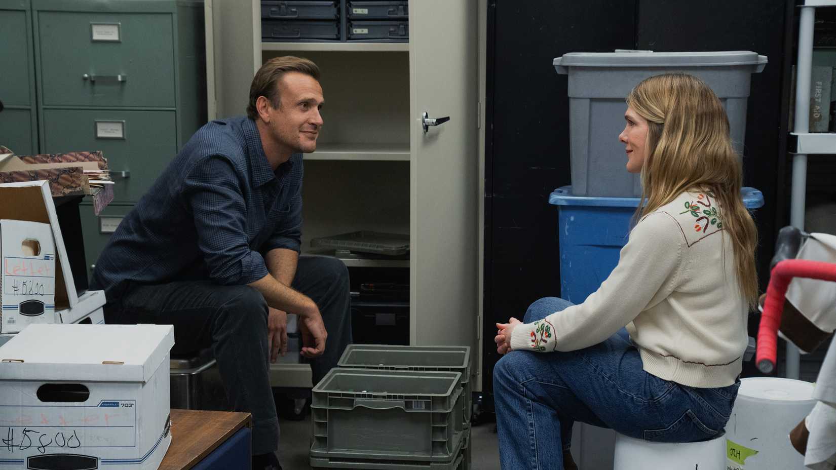 Jimmy and Meg talking in a storage unit in Shrinking