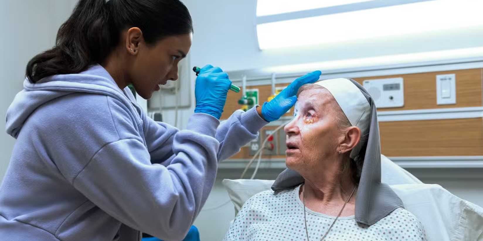 Sister Grace Matthews being treated by Javadi in The Pitt season 2