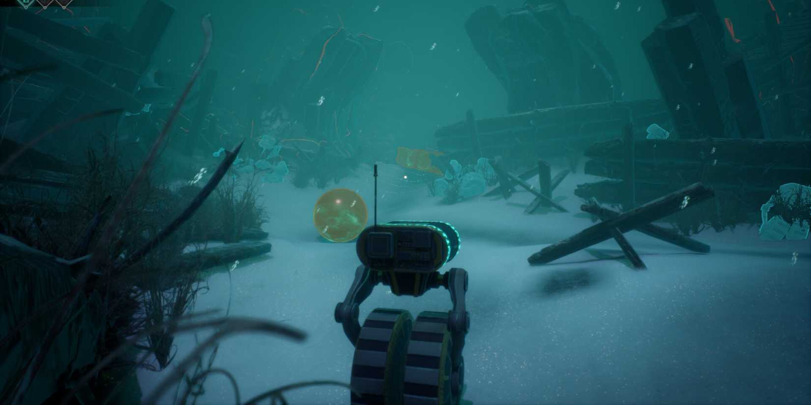 Ein SnowBot erkundet ein dunkles, schneebedecktes Feld.