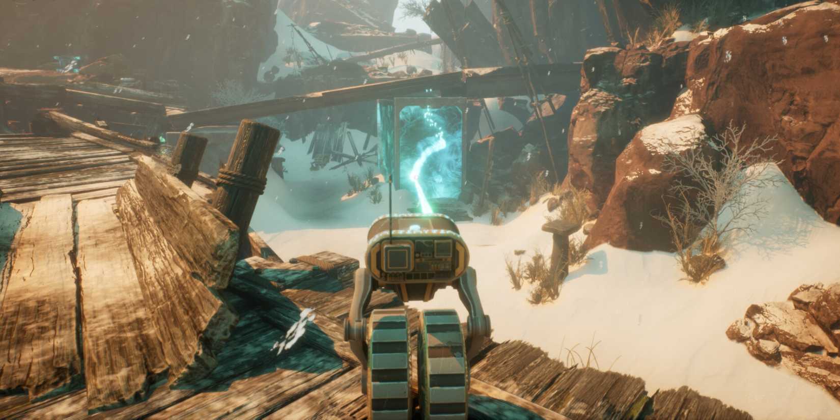 Ein SnowBot nutzt einen Schwerkraftstrahl, um ein Rätsel zu lösen.