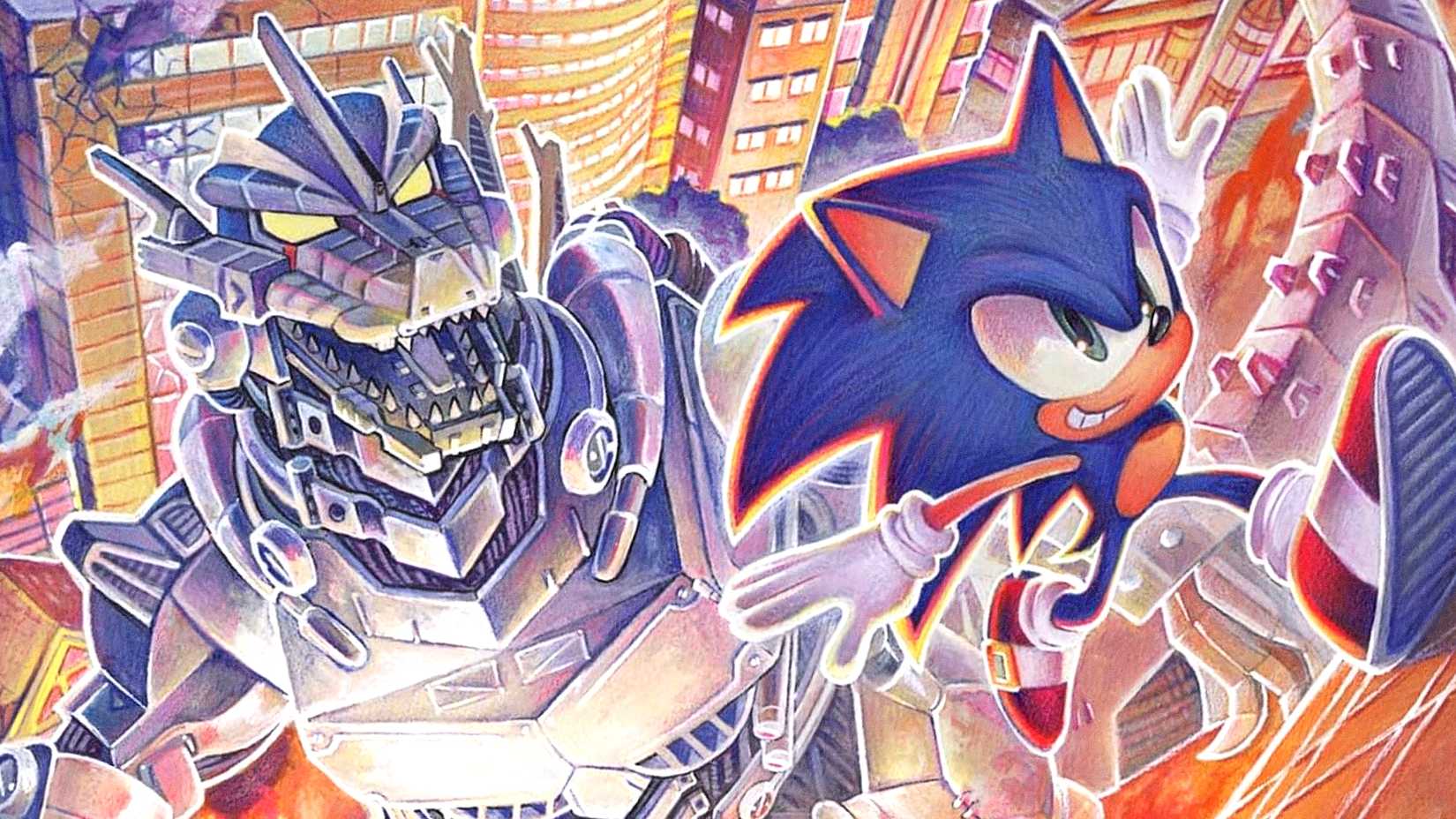Sonic runs away from Mechagodzilla in Sonic the Hedgehog x Godzilla IDW crossover comic