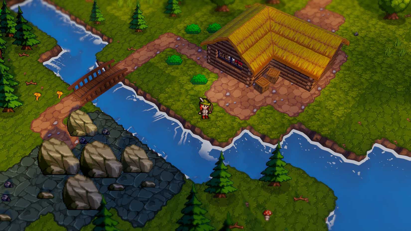 A villager stands by a river in Soulscape