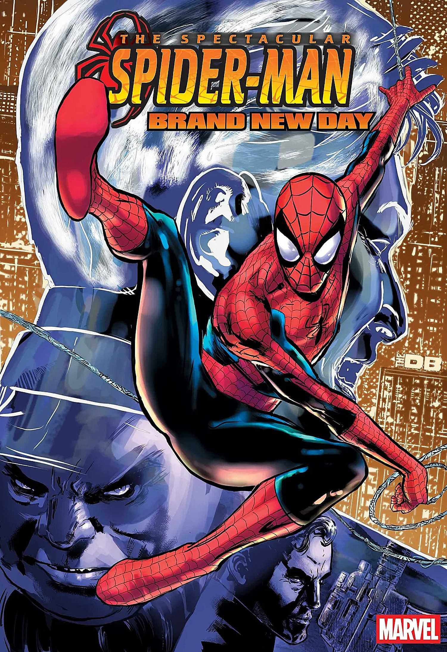 Capa de Spider-Man Brand New Day #1, com o Aranha balançando em teias e vilões ao fundo.