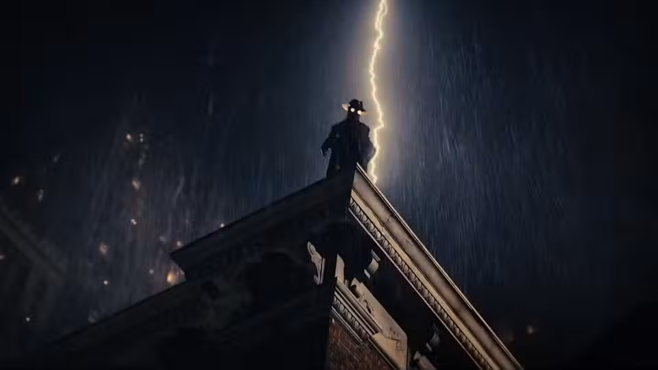 The Spider standing on a rooftop with a flash of lightning behind him in Spider-Noir