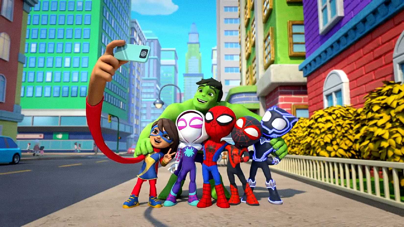 Personagens de Spidey and His Amazing Friends em uma selfie