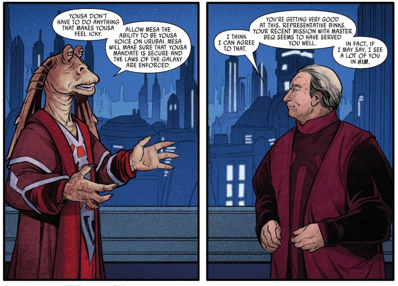 star wars' emperor palpatine empowers jar jar binks as his voice