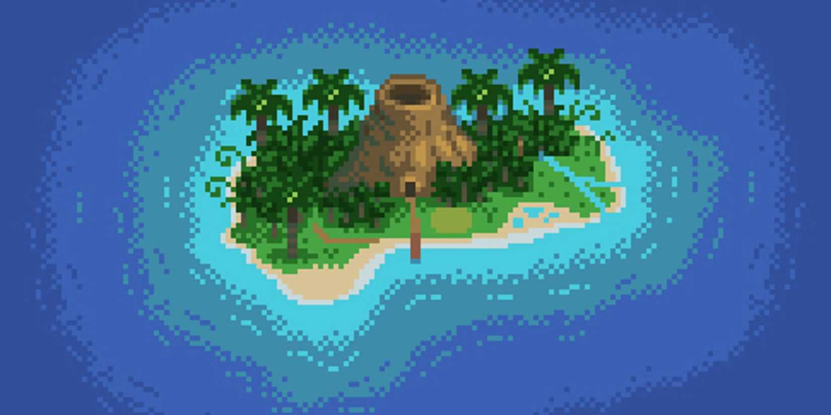 Birds-eye view of Ginger Island, with volcano, jungle, and dock, in Stardew Valley.