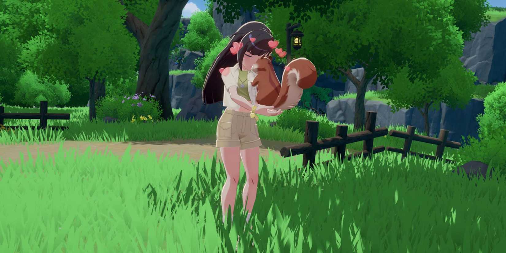 Starsand Island screenshot of a player character hugging a squirrel
