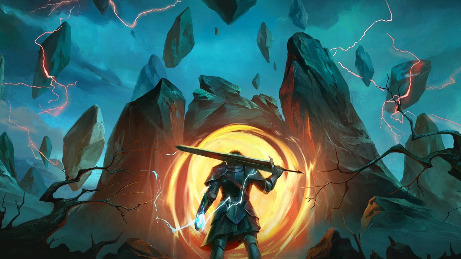 A character from Echoes of Myth rests their sword on their shoulder as they look toward a portal.