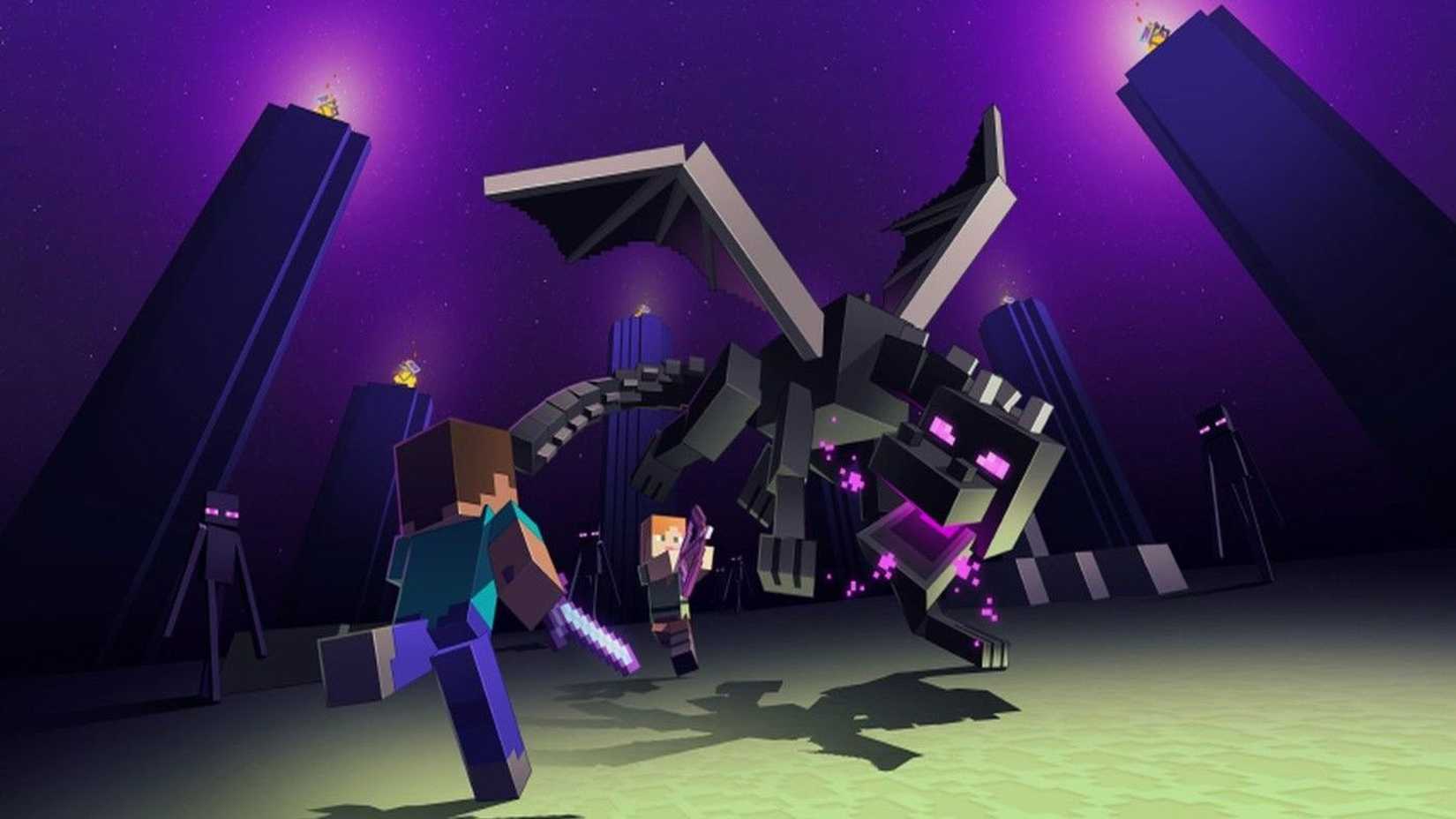 Steve enfrenta um Ender Dragon em Minecraft.