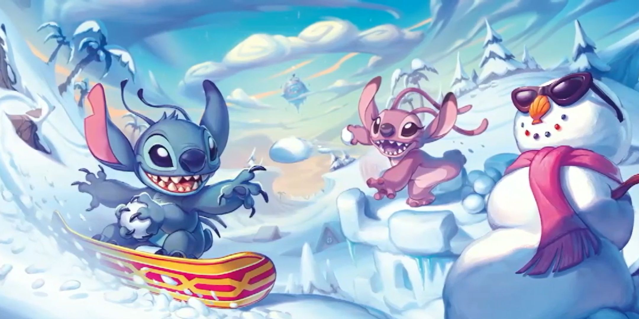 Stitch and Angel having a snowball fight in Disney Lorcana Winterspell