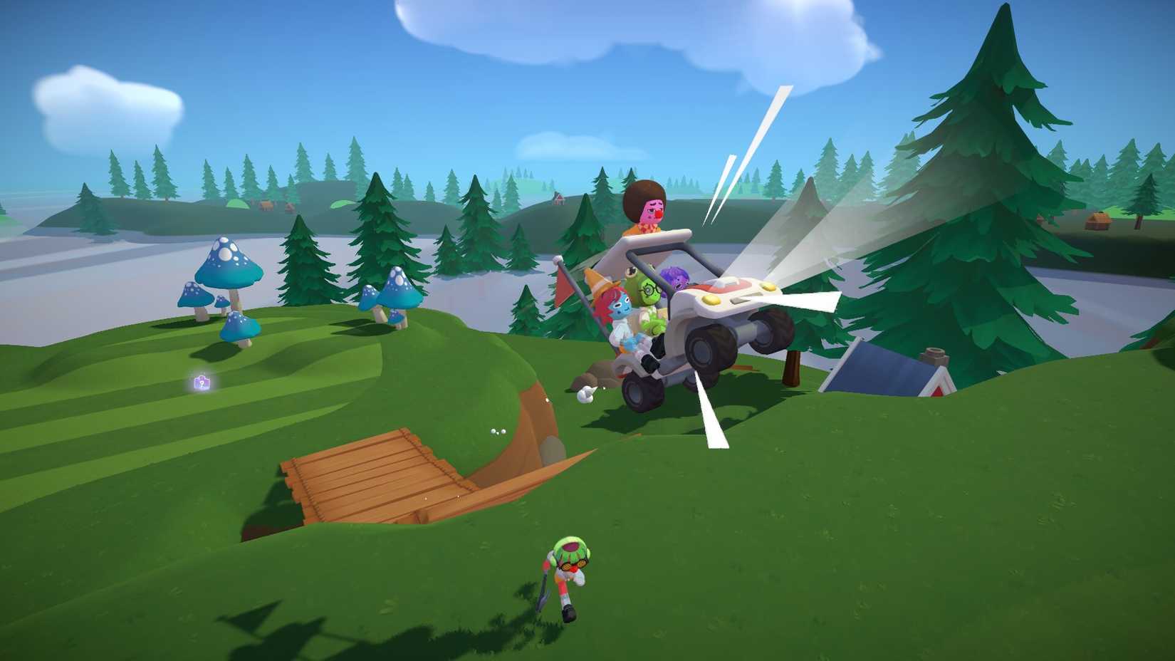 Super Battle Golf screenshot of a golf cart full of players ramping over another one running on the ground.