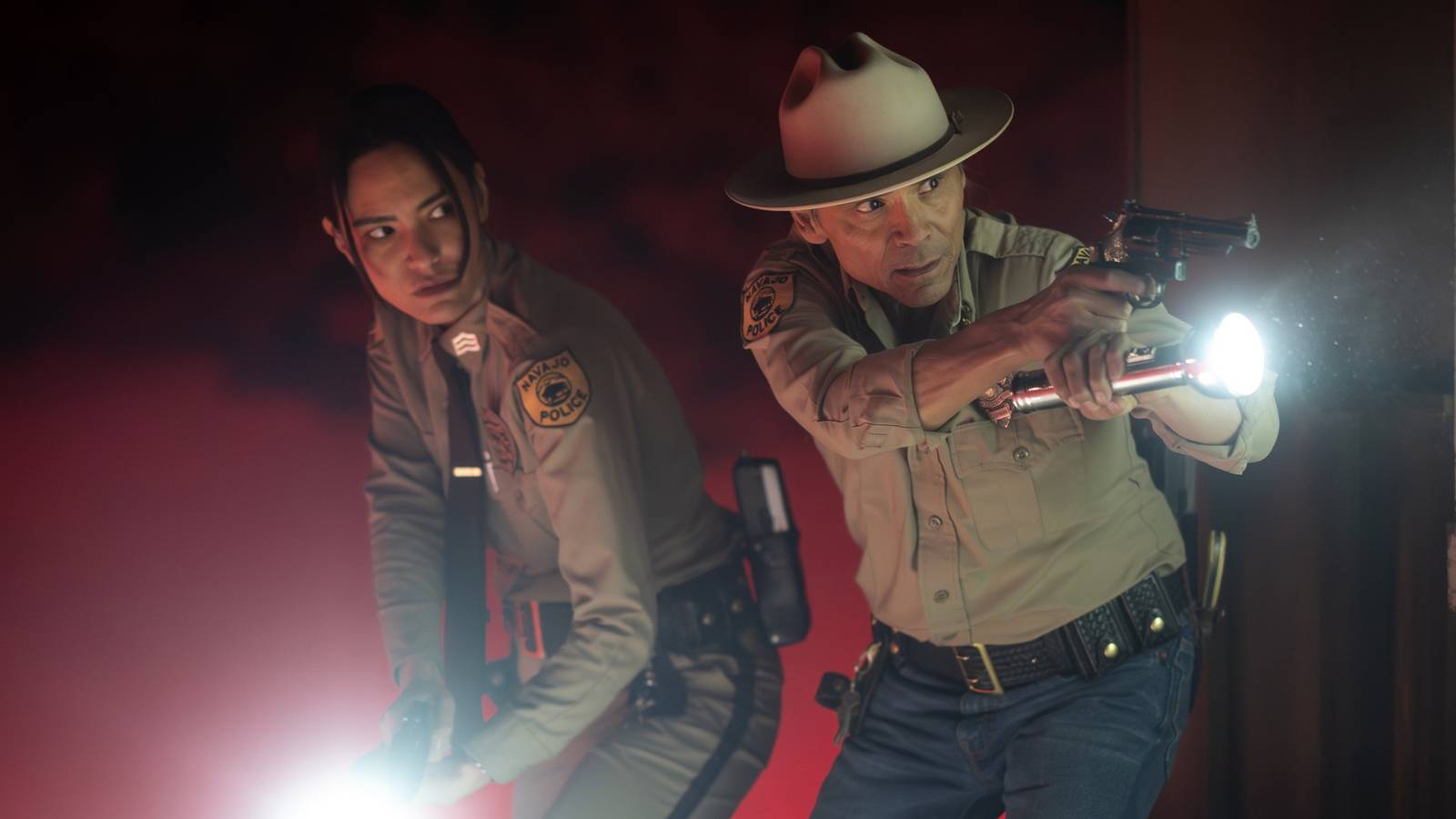 Bernadette (Jessica Matten) and Joe Leaphorn (Zahn McClarnon) in Dark Winds season 4