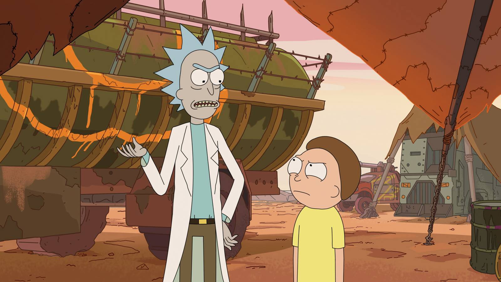 Rick and Morty arguing in front of vehicles in Rick & Morty
