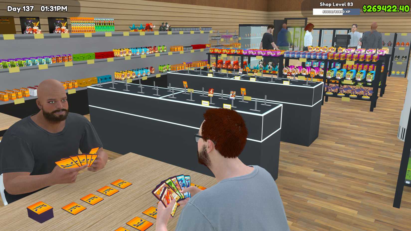 TCG Card Shop Simulator shoppers playing a trading card game in the store
