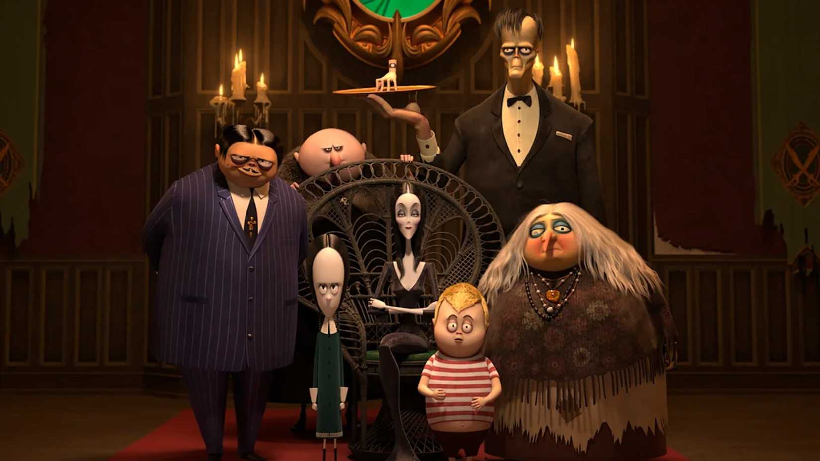 The family glowers at the camera in The Addams Family 2019