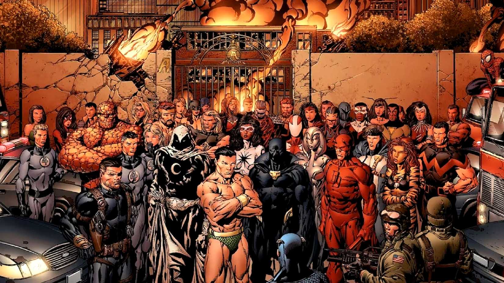 Die Avengers treffen sich auf der Straße vor der Avengers Mansion in Marvels Disassembled-Event wieder