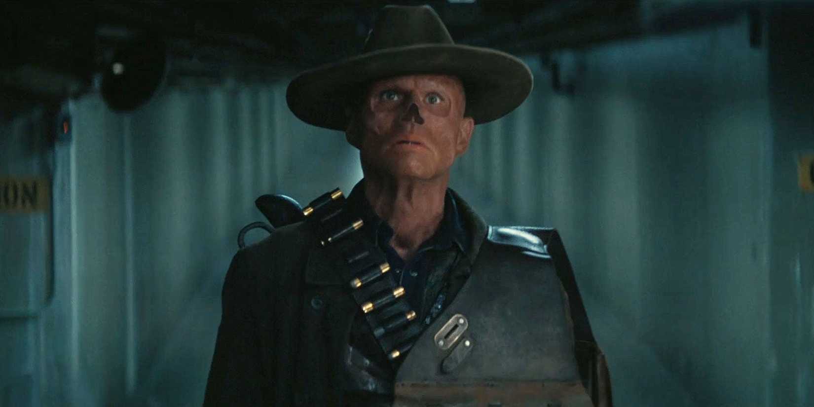 O Ghoul com expressão chocada no final da 2ª temporada de Fallout