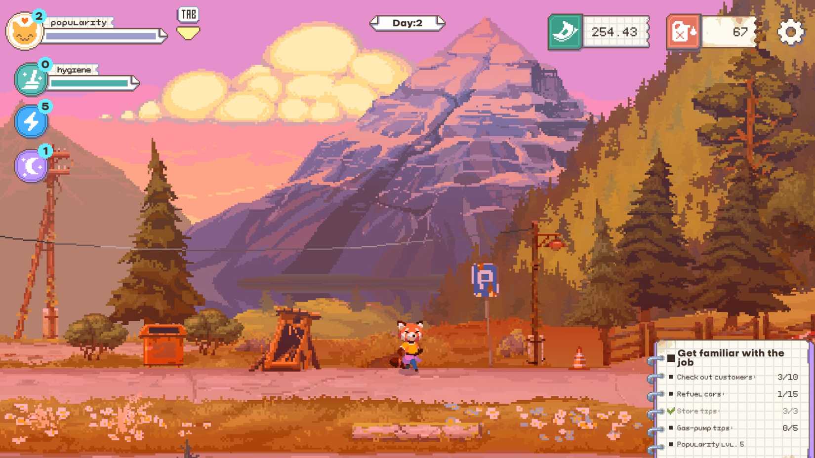 The Last Gas Station red panda character walking through pixel landscape with mountain