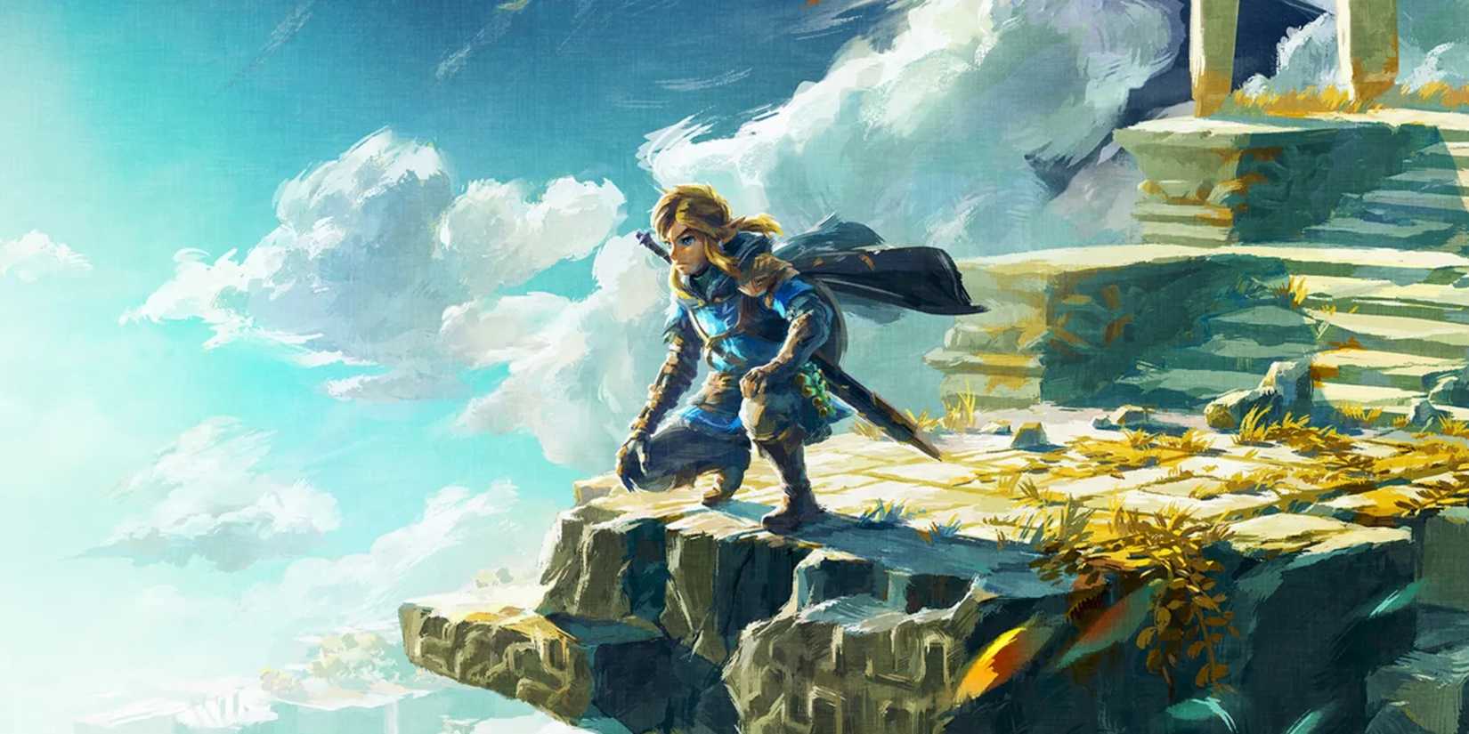 Link is on a sky island overlooking the horizon in The Legend of Zelda Tears of the Kingdom art.