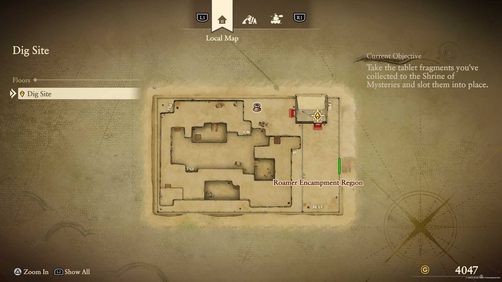 The location of the blue fragment inside the Dig Site tent in DQ7 Reimagined.