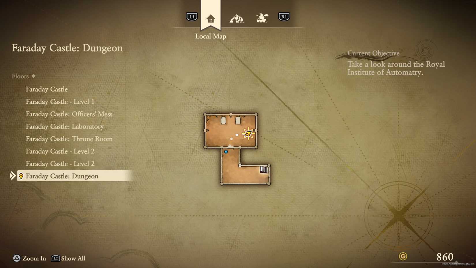 The location of the gray fragment in the Faraday Castle dungeon in DQ7 Reimagined.