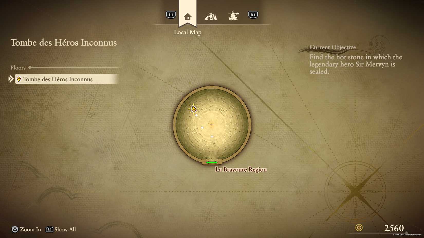 The location of the green fragment in the Tombe des Héros Inconnus in Dragon Quest 7 Reimagined.