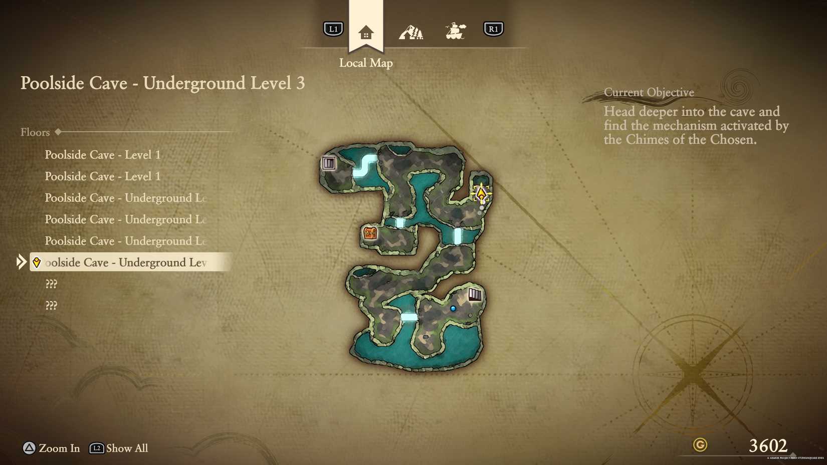 The location of the yellow fragment in the Poolside Cave in DQ7 Reimagined.