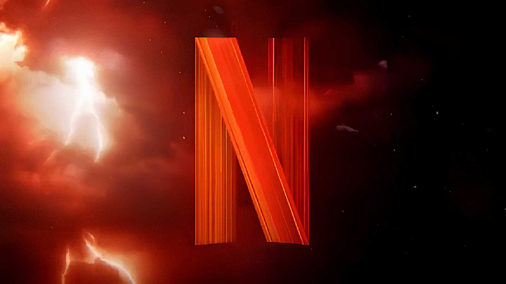 The Netflix logo floats in the middle of a red cloud during a thunderstorm