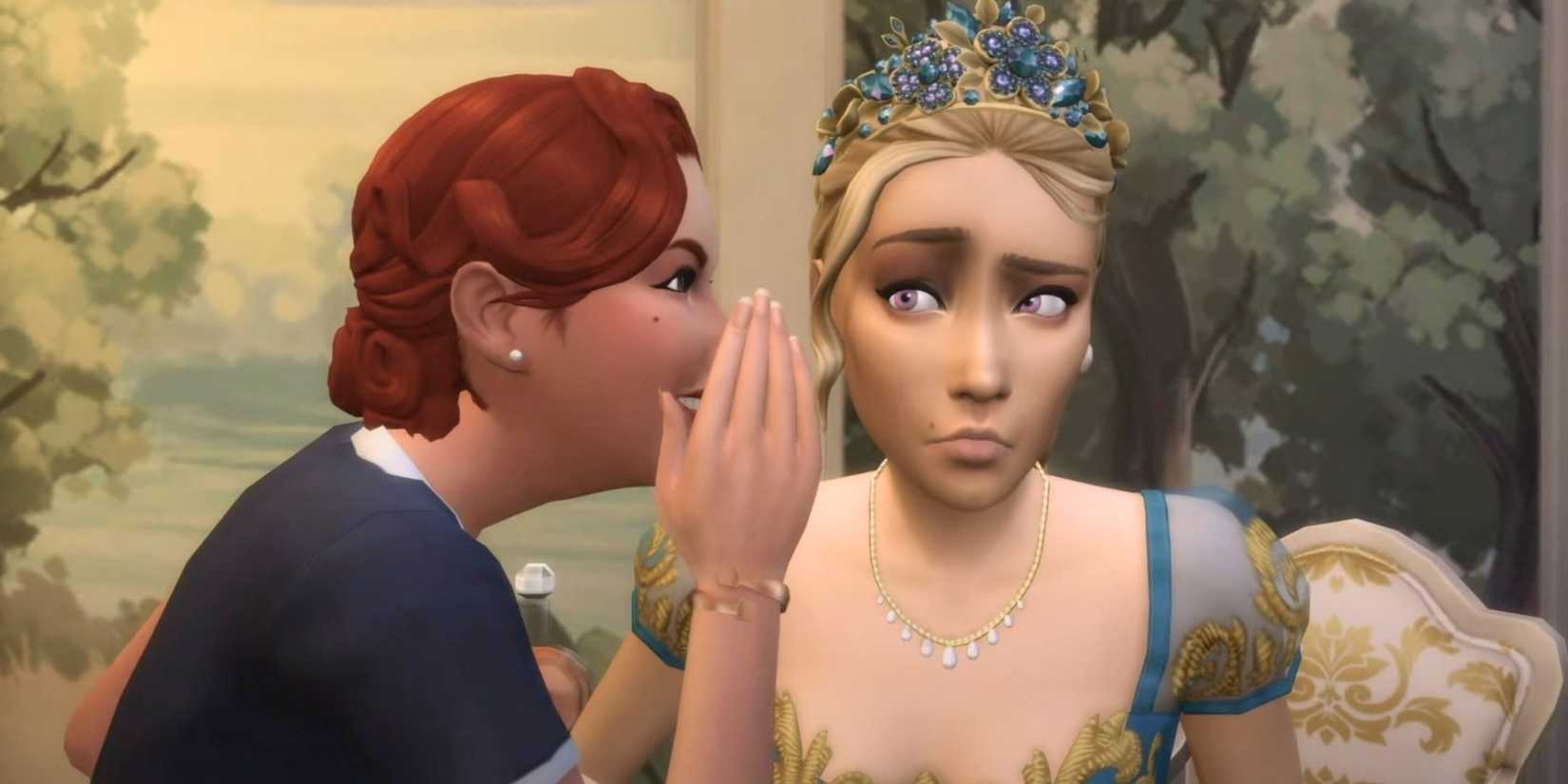 The Sims 4 Royalty And Legacy image of a maid whispering to a princess