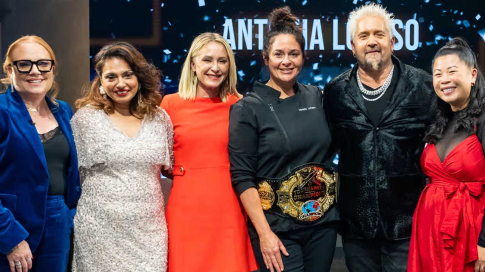 Tournament of Champions Winners Tiffani Faison, Maneet Chauhan, Brooke Williamson, Antonia Lofaso and Mei Lin With Host Guy Fieri Posing Together