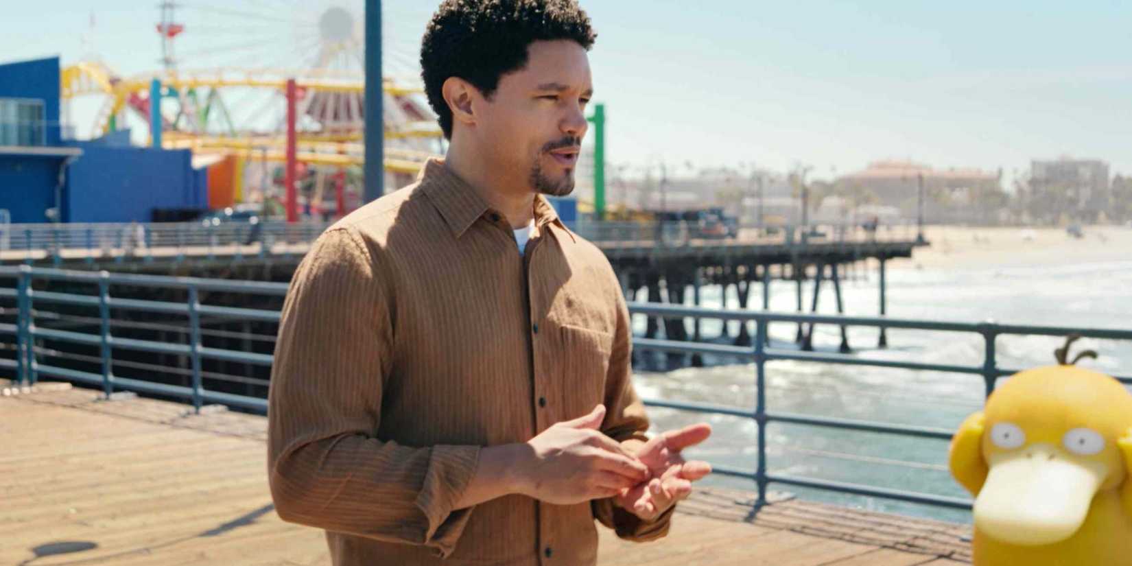 trevor noah talking about his favorite pokemon next to a psyduck in the pokemon super bowl 60 ad