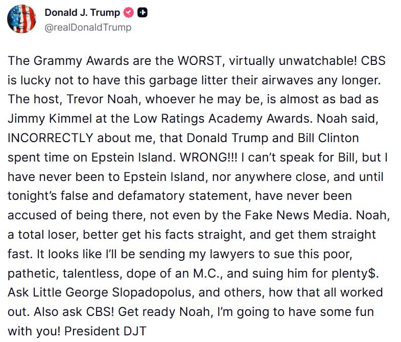 Trump Truth Social-Beitrag über Trevor Noah