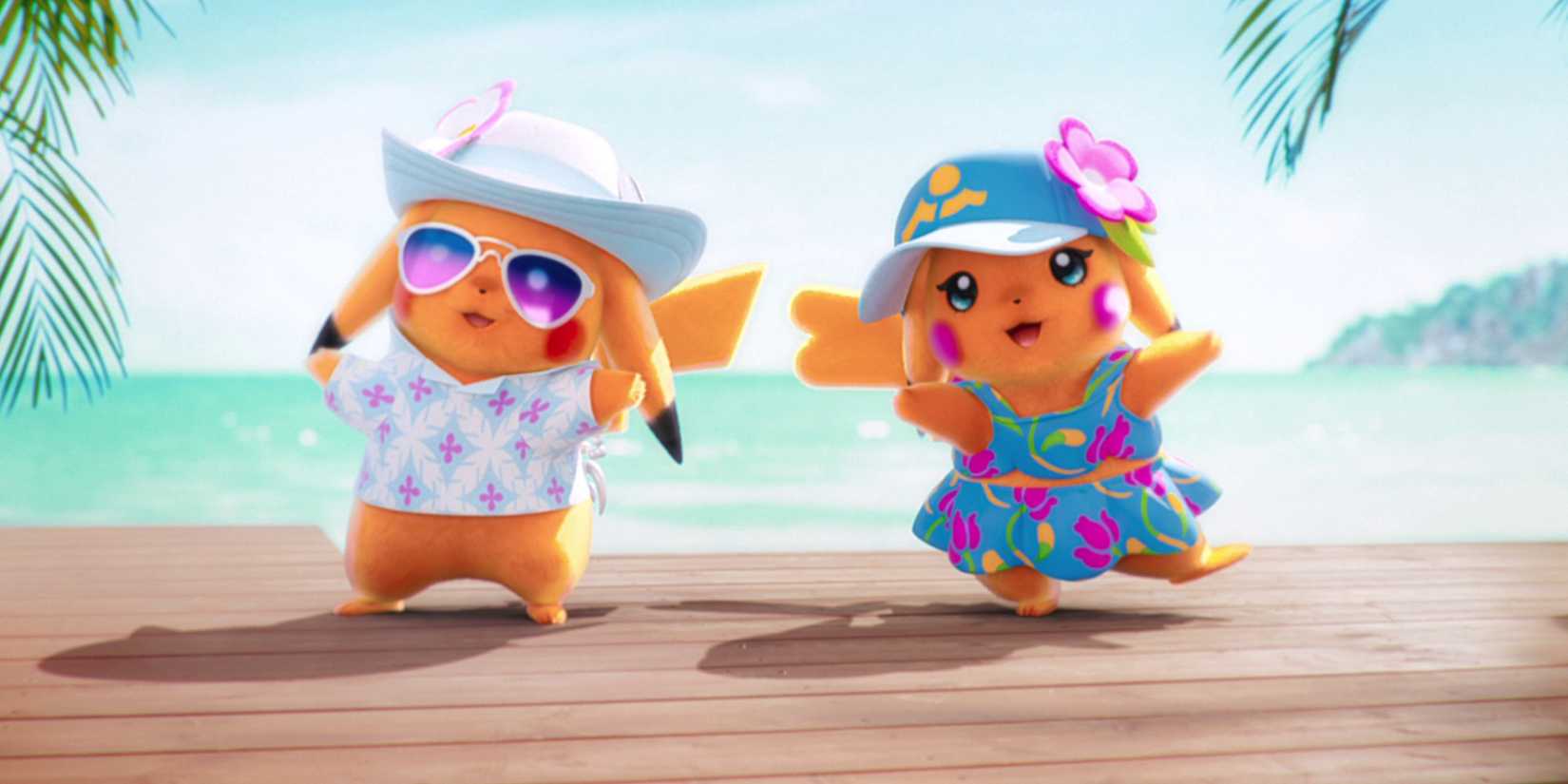 Two pikachus in vacation outfifts from pokemon wind and waves