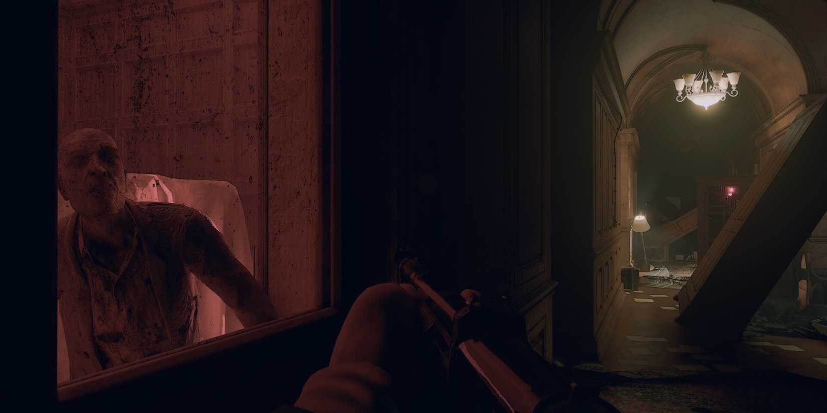 Das Gameplay in Undead Chronicles zeigt einen Zombie hinter einem Glasfenster.