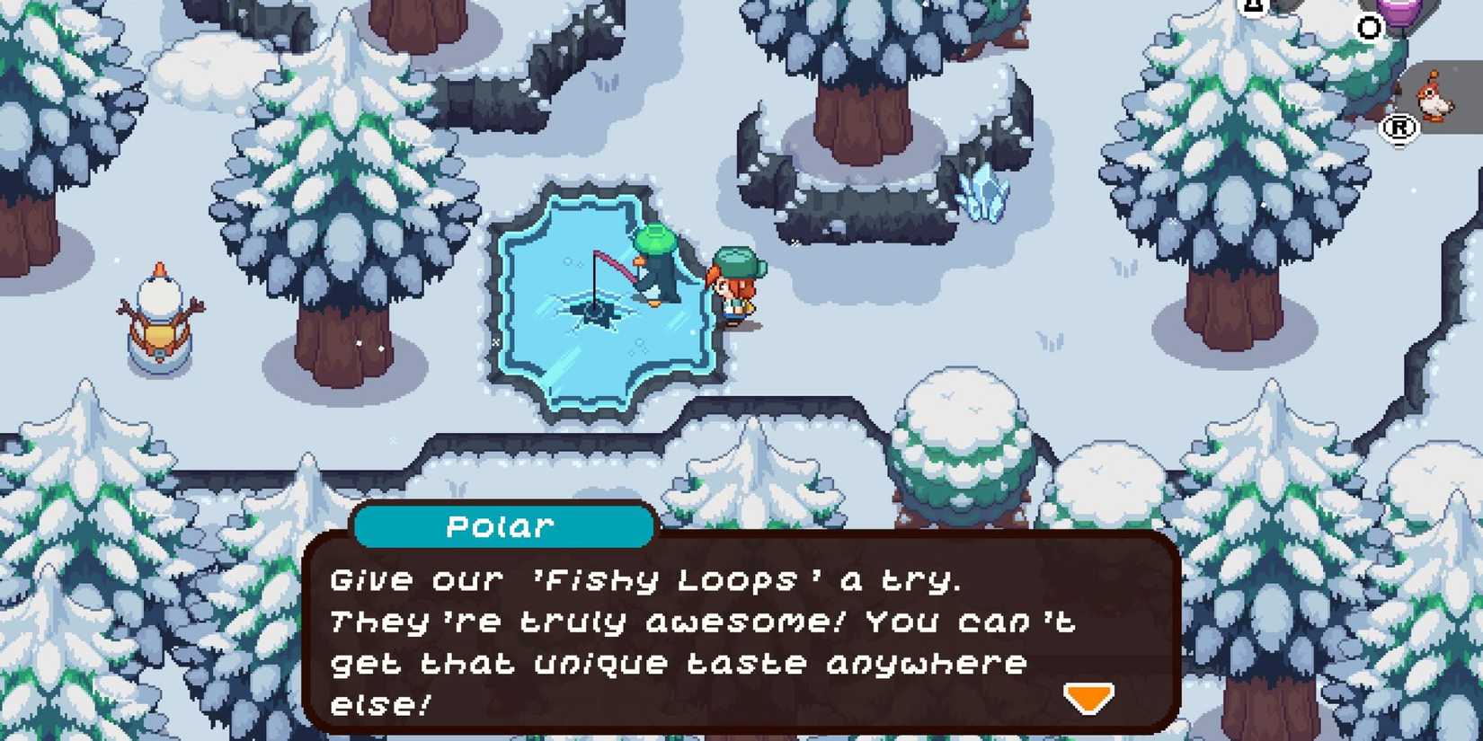 Скриншот игры Under the Island с диалогом о хлопьях под названием Fishy Loops