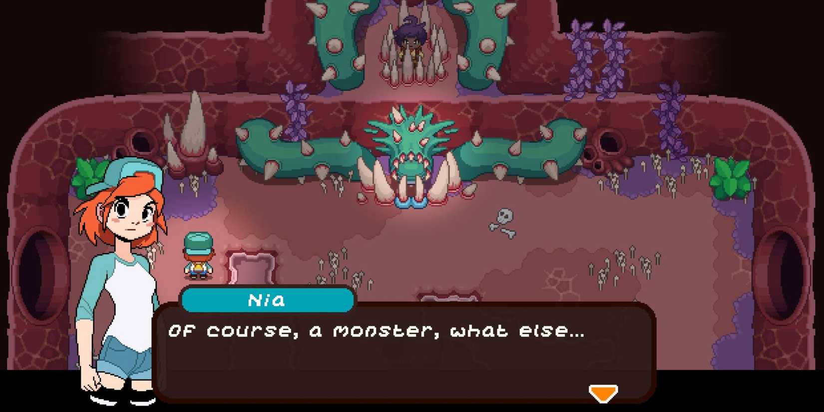 Under the Island-Spiel-Screenshot, auf dem Nia „Natürlich ein Monster“ sagt