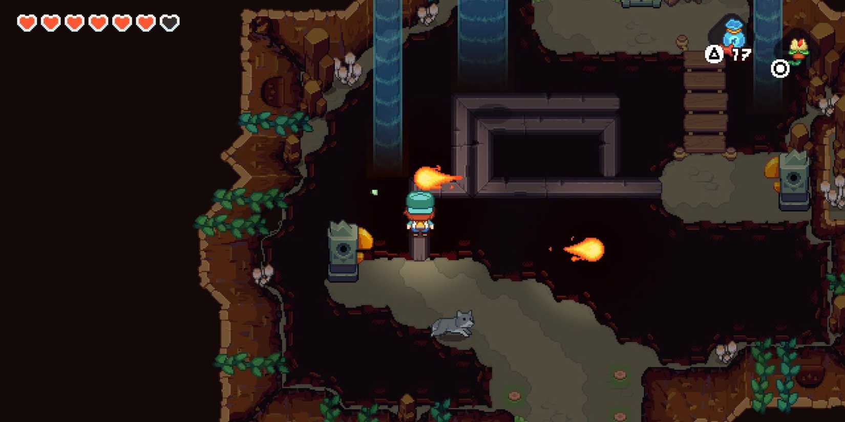 Screenshot des Spiels Under the Island mit Nia, die über einen Holzbalken über einer Höhle läuft