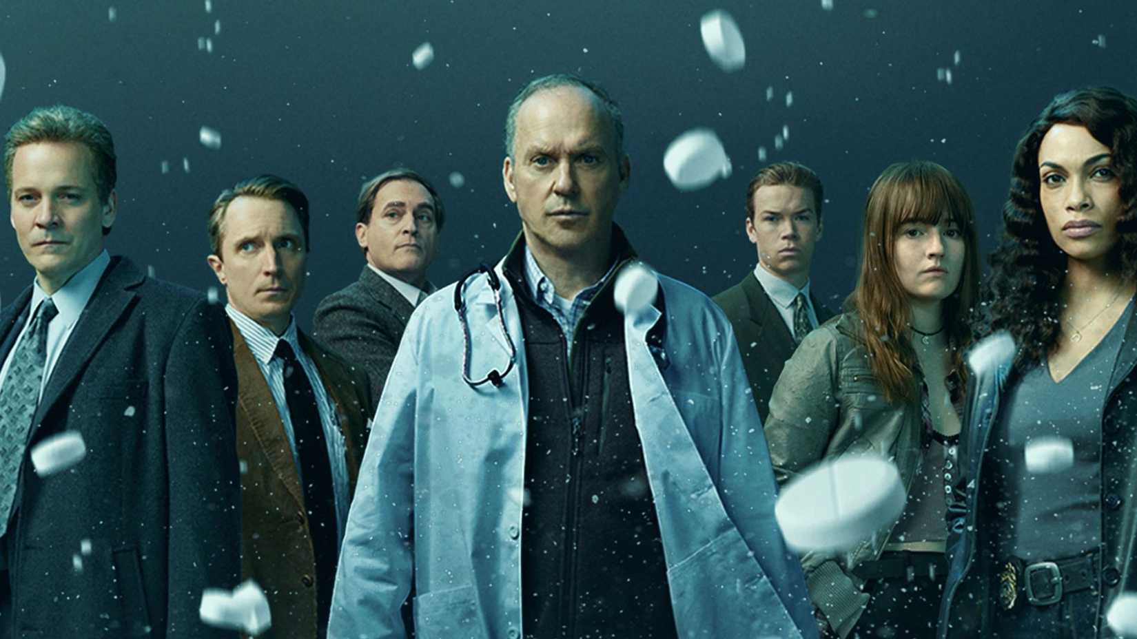 The main characters in Dopesick, led by Michael Keaton in a lab coat