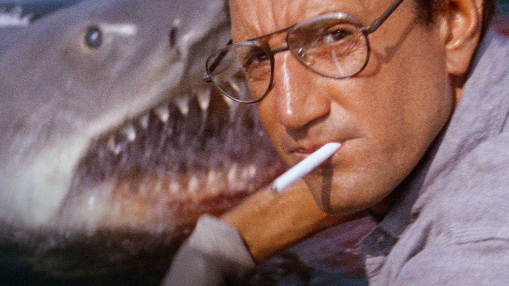 Brody looking at the camera with the shark in the background