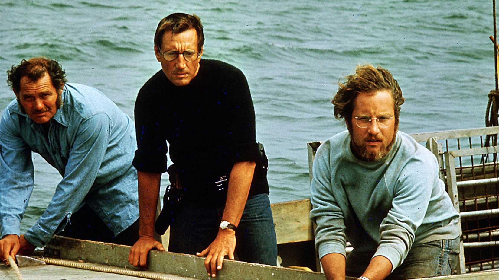Quint, Brody, and Hooper in a small boat
