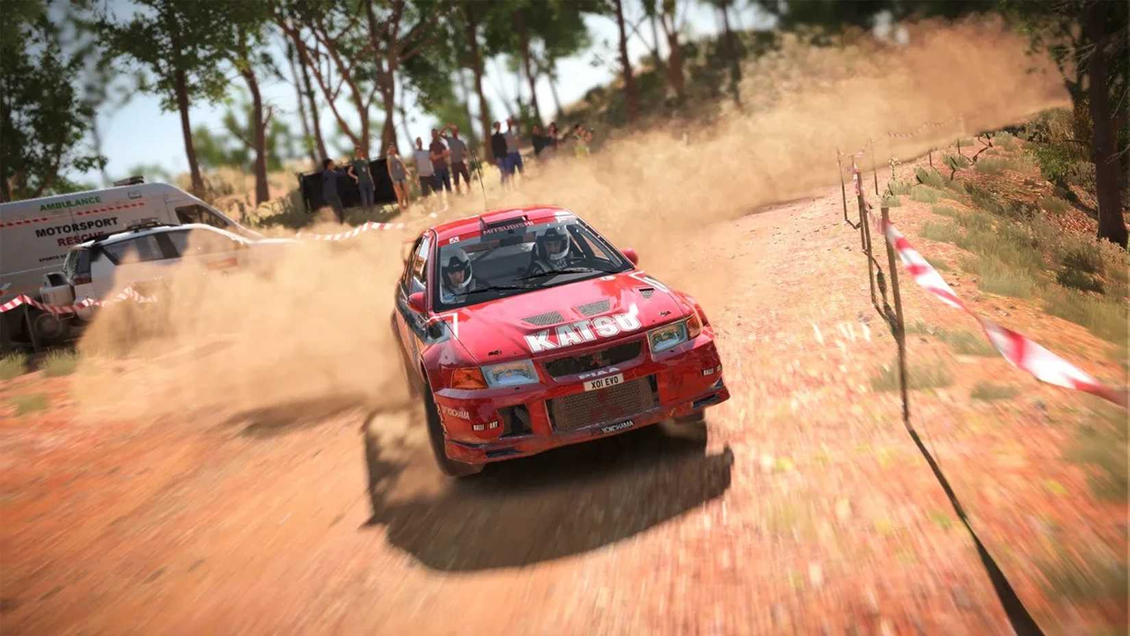 In Dirt 4 nimmt ein Rallyeauto eine Kurve