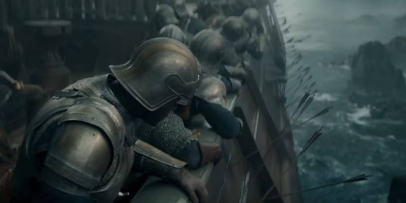 Velaryon soldiers looking over the side of a ship in House of the Dragon.