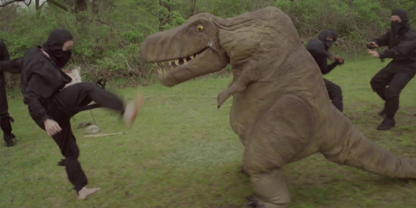 A still from The VelociPastor of a dinosaur fighting ninjas